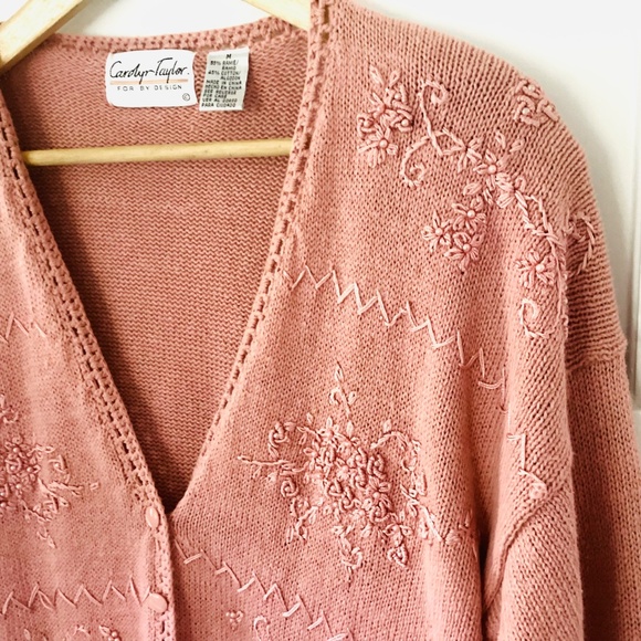 VTG 90s Carolyn Taylor Floral Embroidered beaded crochet Trim Cardigan Sweater M - Picture 7 of 16